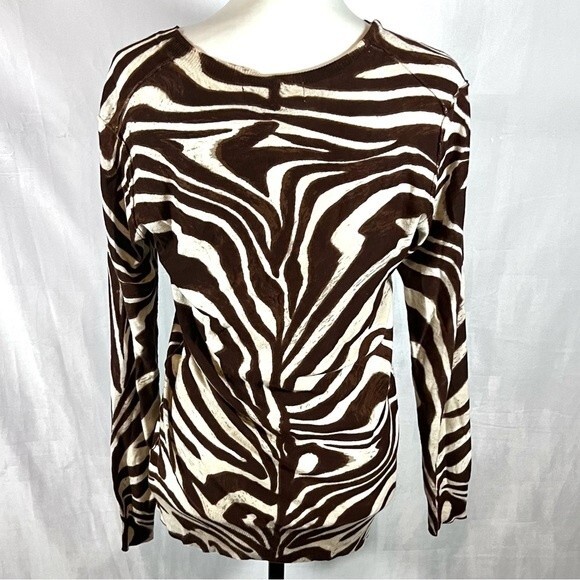 Michael Kors tan and brown marble print vneck light oversized knit top size XS - Picture 7 of 9